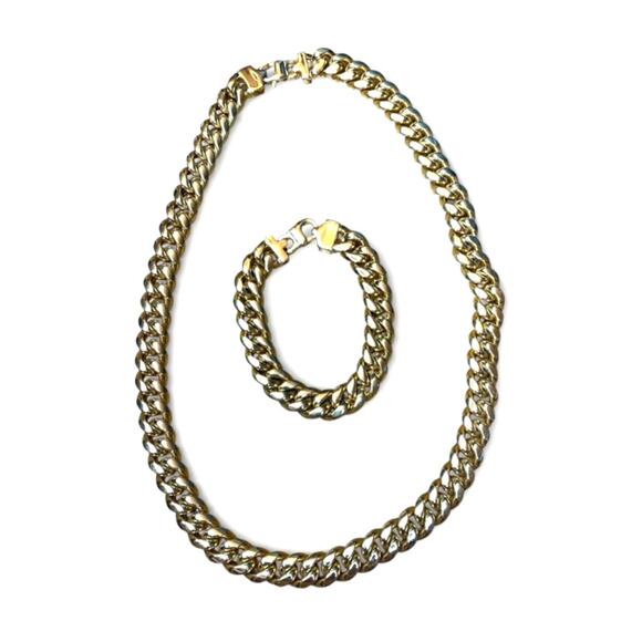 Unisex Gold Tone Miami Cuban Link Necklace and Bracelet Set